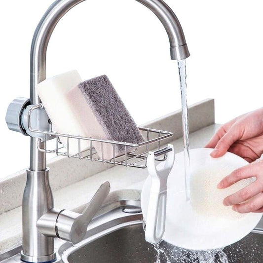 Kitchen Sink Faucet Shelf Stainless Steel Sponge Holder Adjustable Sink Faucet Dishcloth Towel Storage Rack