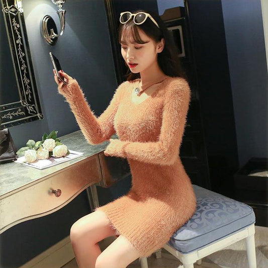 Autumn and Winter Mohair V-neck Sweater Pullover Mid-length Slim Top Solid Color Sexy Female Sweater Dress