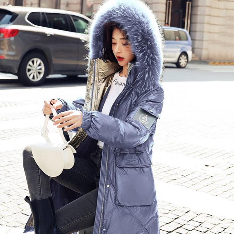 Women's Winter Korean Loose Quilted Coat Warm Down Jacket with Fur Collar Women's Glossy Mid-length Down Jacket