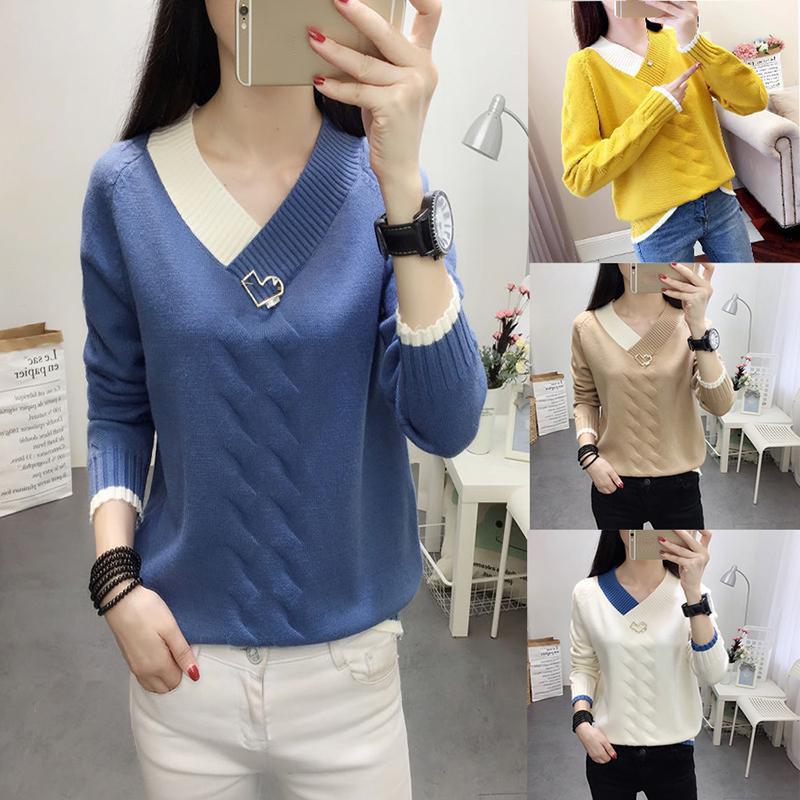 Casual Knitted Sweater Women V-Neck Long Sleeve Pullovers Coat  Autumn Winter Women's Sweater