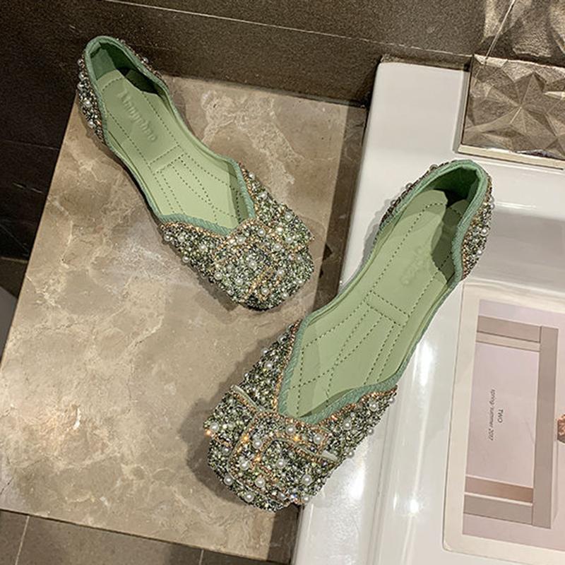 Single Shoes Women Spring and Summer Korean Version of Square Toe Flat Pearl Rhinestone Grandma Shoes Soft Sole