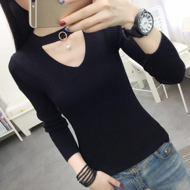 Autumn and Winter Long-sleeved Sweater V-neck Top Slim Pullover Women's Bottoming Shirt