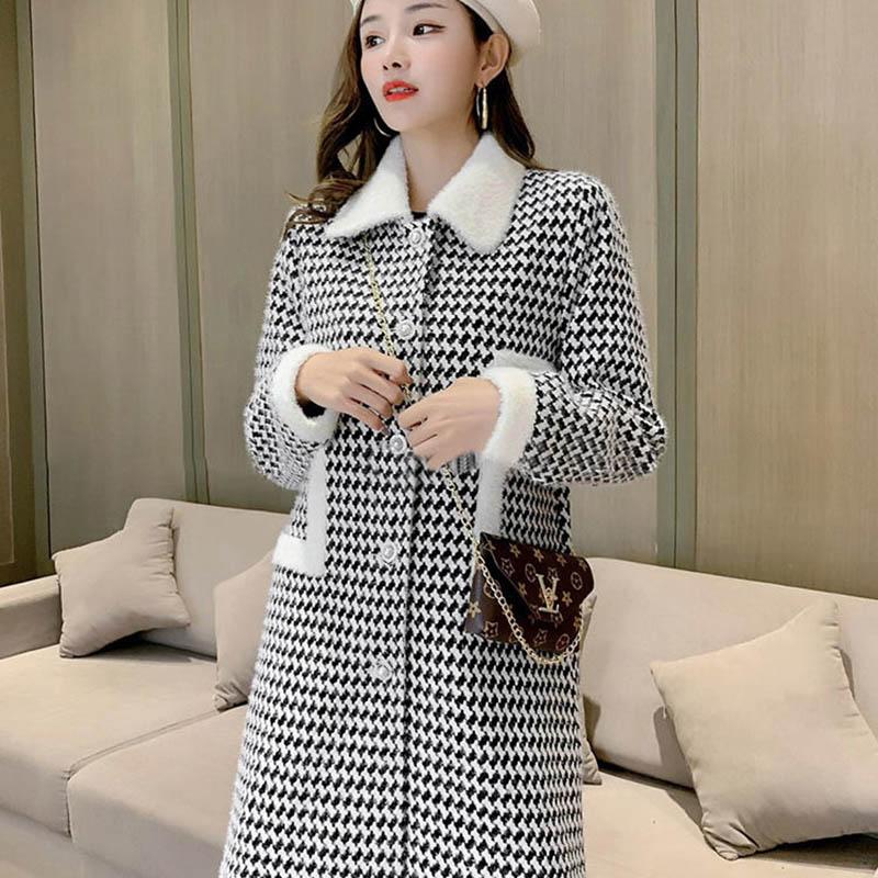 Women's Woolen Coat Mid-length Windbreaker Autumn and Winter Large Size Slim and Thin Western Style Houndstooth Coat Women