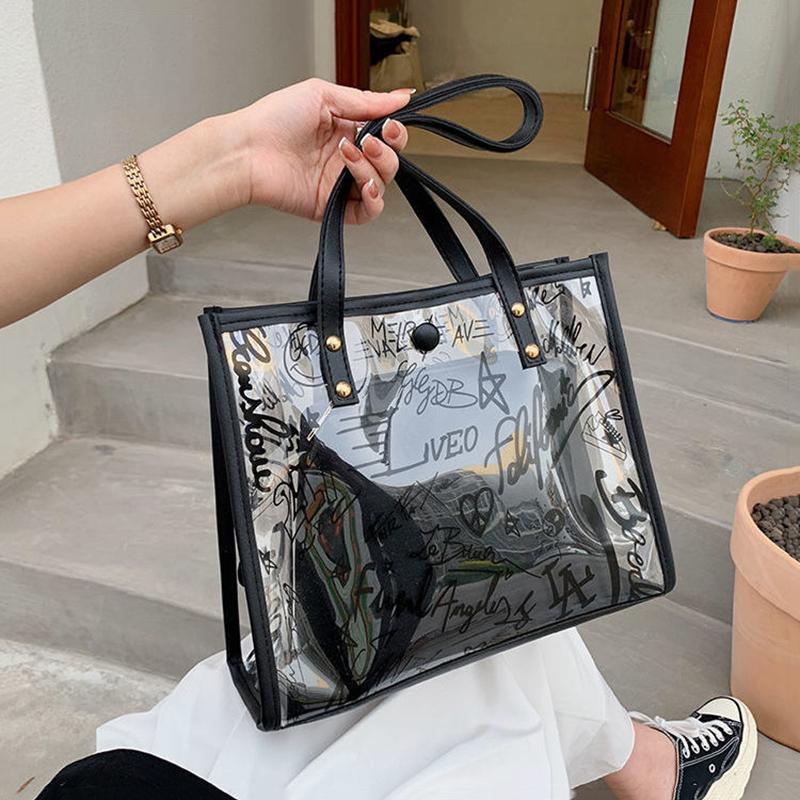 2pcs Women Clear Handbag Waterproof for Bathing Swimming Beach Portable Shoulder Transparent Bag PU Leather Handle