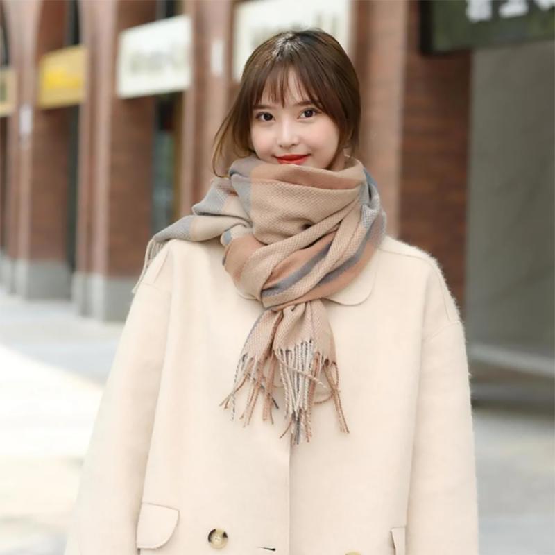 Korean Version of The Cute Japanese Scarf Winter Warm Scarf Check Temperament Cashmere-proof Length Scarfs