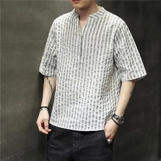 Striped Short-sleeved Men's Chinese Style Linen T-shirt Summer Korean Trend Cotton and Linen Half-sleeved Fashion All-match Loose T-shirt