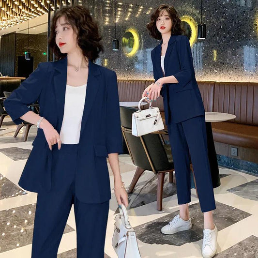 2PCS Women's Solid Color Suits Set Ladies Suit Thin Jacket + Loose Casual Pants Two-piece  Spring and Autumn Large Size Fat Girl Slimming Suit