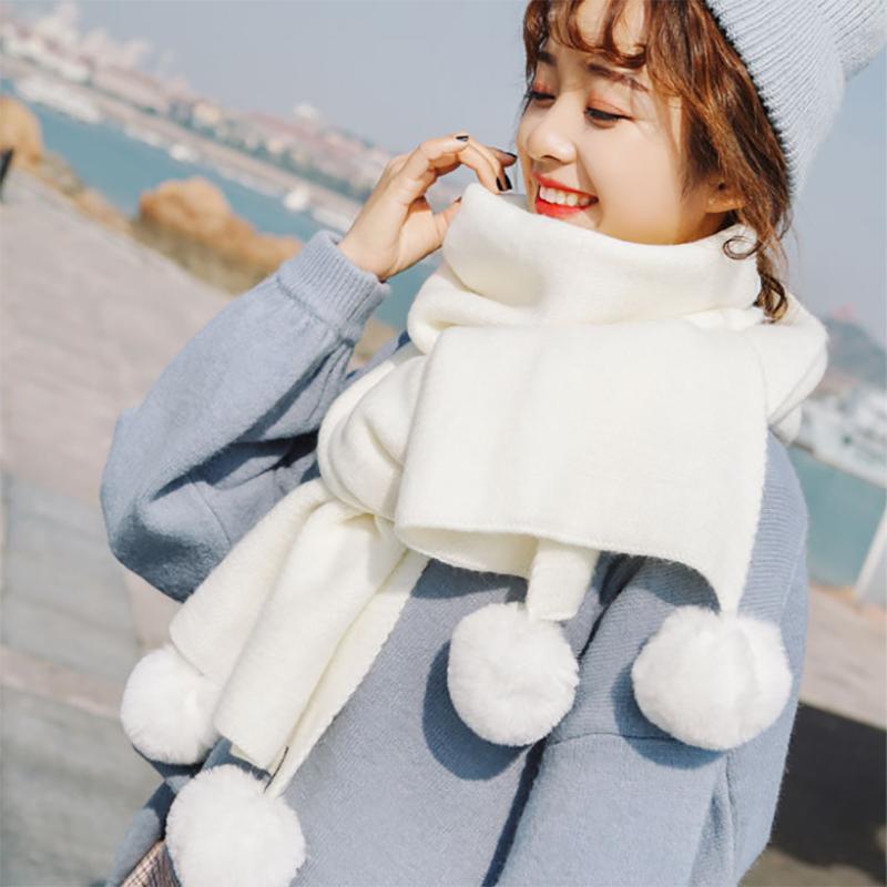 Scarf Female Winter Fall Winter Female Solid Color Student White Hanging Ball Knitted Wool Winter Girl Bib