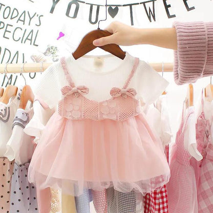 Children Dress Spring Summer O-neck Kids Clothing  Baby Girls Clothing Yarn Short Sleeve Dress Girl