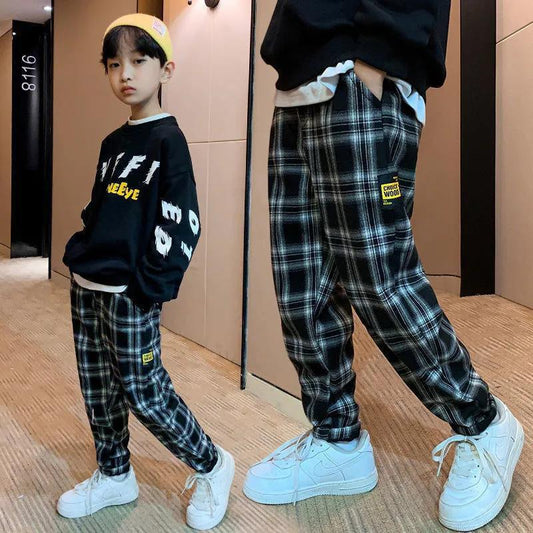 Boys Plaid Pants Spring Autumn  Plus Velvet Middle-aged Children's Loose Casual Pants Warm and Handsome Trousers