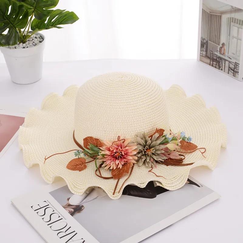 Women's Summer Flower Straw Hat Beach Foldable Sunscreen Sun Cap Anti-UV Sunshade Big Edge Vacation Cap