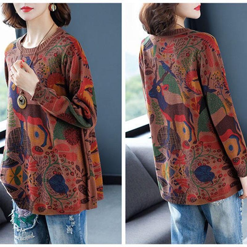 Bohemian Printed Sweater Female Soft Pullover Sweater Loose O-neck Jumper Knit Outwear