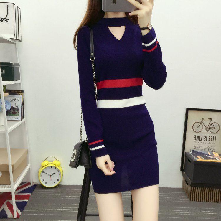 Autumn and Winter Long Wool Knitted Sweater Slim-fit Bag Hip Bottoming Sweater Skirt Fashion Casual Solid Color Dress