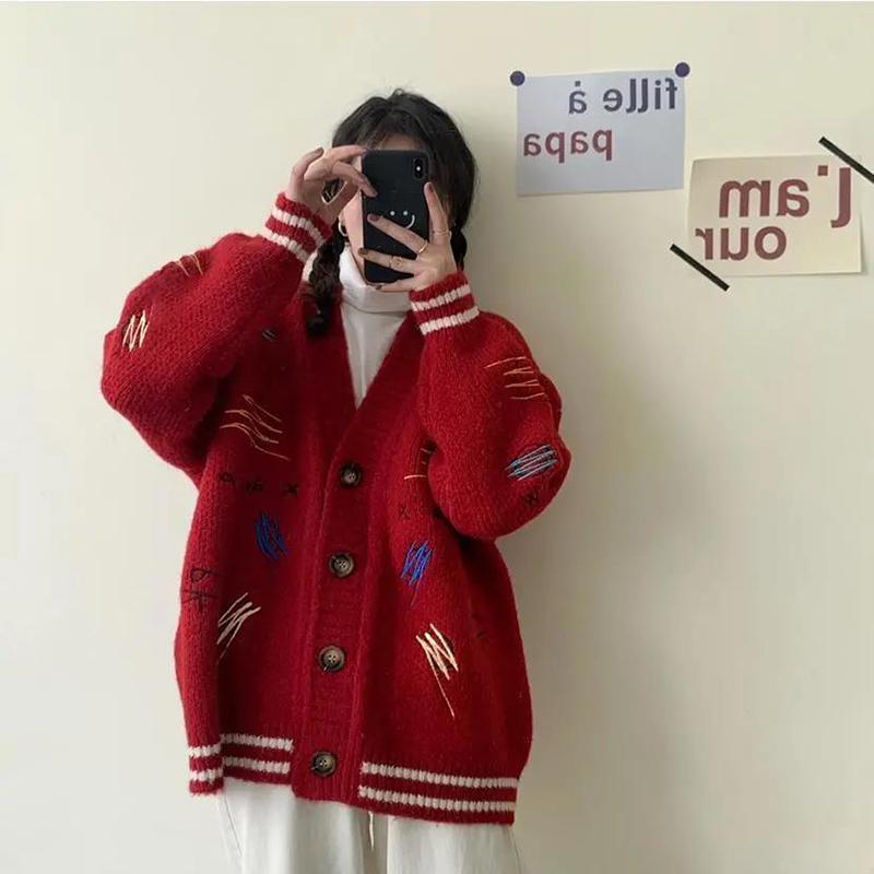 Casual Knitted Cardigan Women's Autumn   Winter Long Loose  Thick Student Embroidery Sweater Coat Fashion