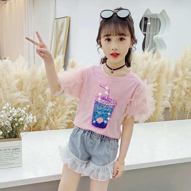 Girls Animal Print T Shirt Girl Tee Clothes Children Loose Sequins Cartoon Top for 3 4 5 6 7 8 Years Korean Kids Birthday Wear