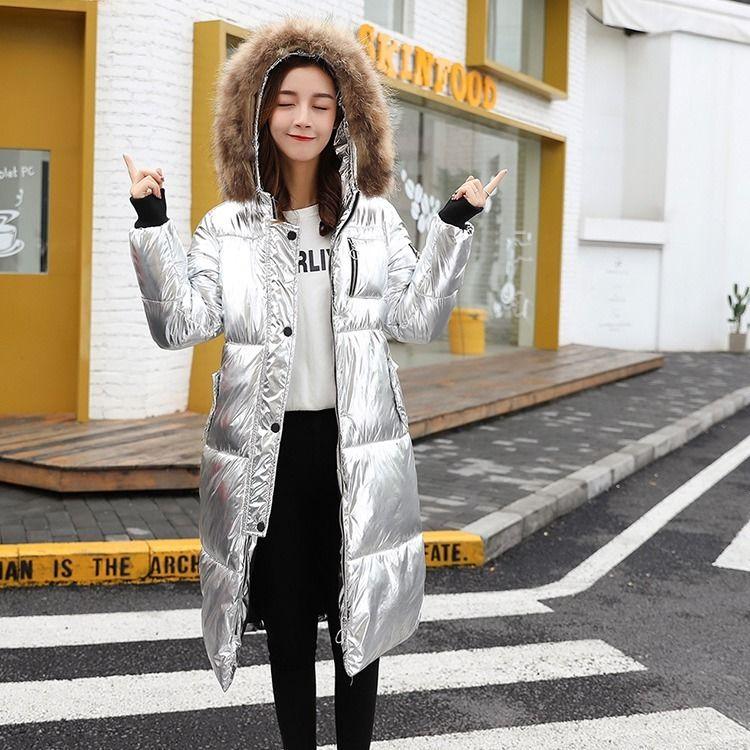 Women Mid-length Winter Duck Down Jacket Hooded Big Fox Fur Collar Puffer Coat Korean Shiny Womens Down Jackets Parka