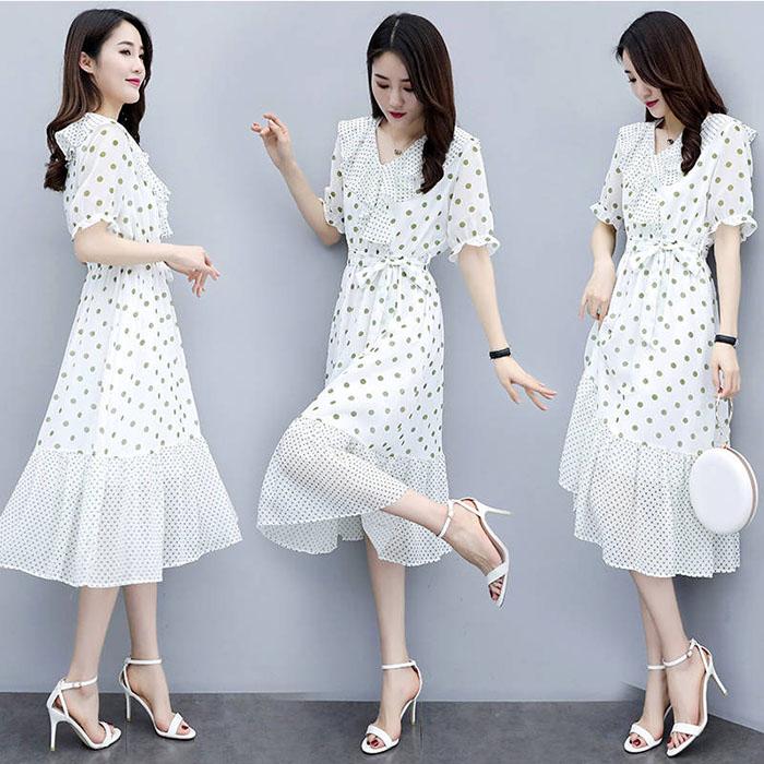 Women Chiffon Polka Dot Dress Slim Short Sleeve V-Neck A-line Vacation Beach Sun-dresses