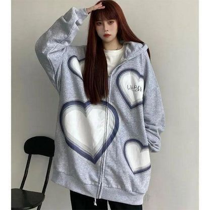 Love Print Loose Hooded Sweater Ladies Cardigan Zipper Jacket Men and Women Spring and Summer Casual Loose Loose Thin Coat Dark Style Top