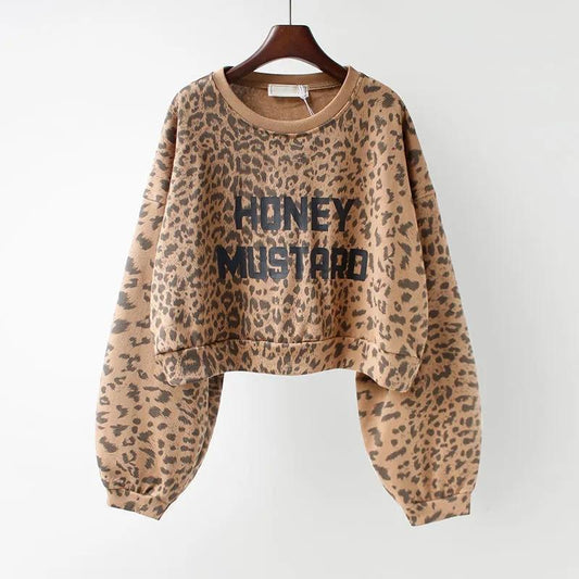 Women's Leopard Print Long Sleeve Sweater Autumn Korean Letter Print Loose Bottoming Shirt Short Round Neck Shirt