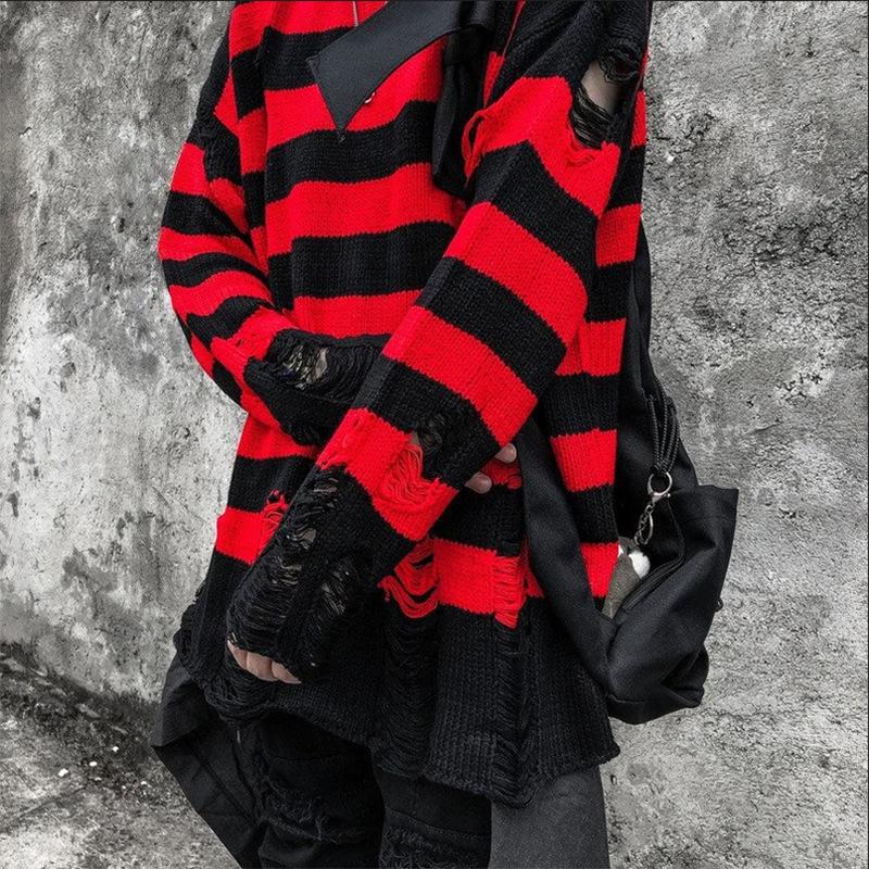 Couple Sweater Loose Lazy Trend Knit Bottoming Hole Men's Sweater Gothic Emo Punk Grunge Ripped Striped Sweater