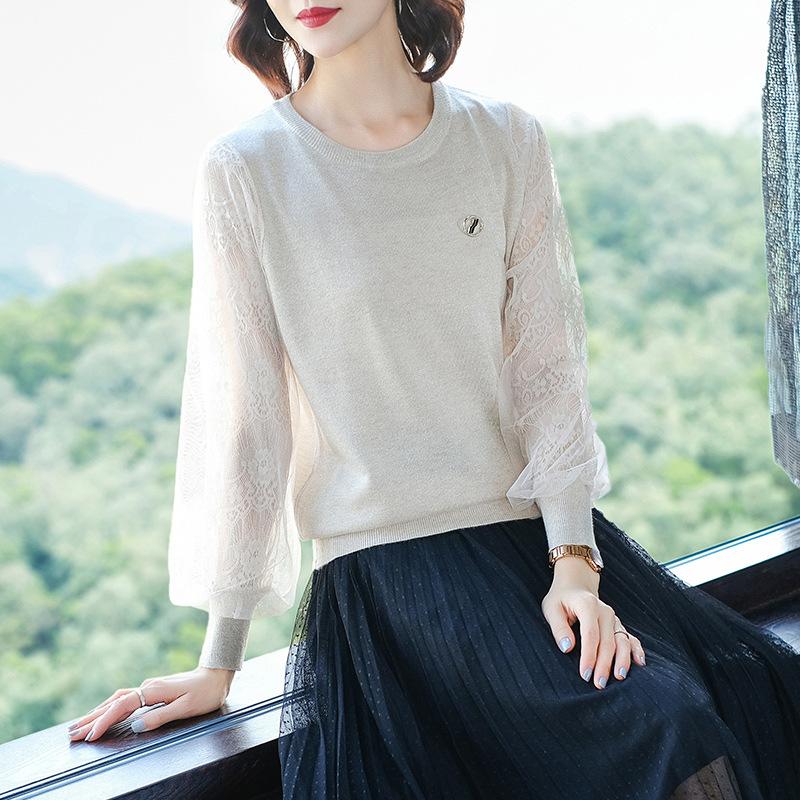 Lace Hollow Bottoming Shirt Women's Small Sweater Knitted Sweater Early Spring and Autumn Outer Wear Thin Top