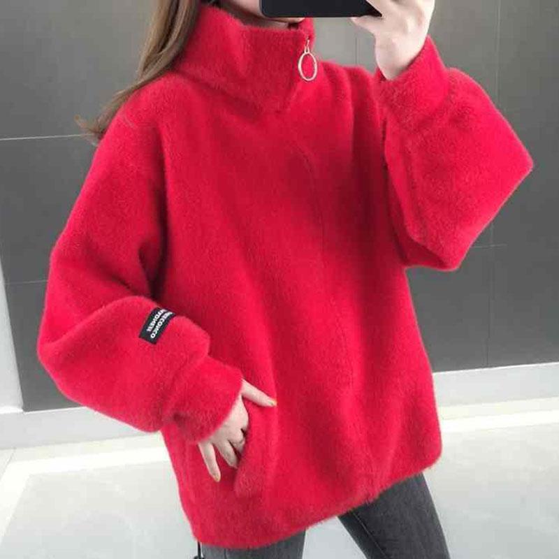 Autumn and Winter Mohair Loose Coat Short Knit Cardigan Tops Solid Color High Neck Women's Coat