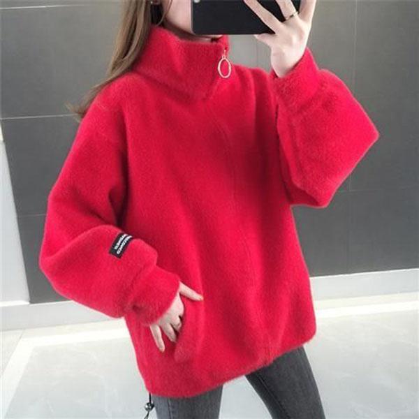 Autumn and Winter Mohair Loose Coat Short Knit Cardigan Tops Solid Color High Neck Women's Coat