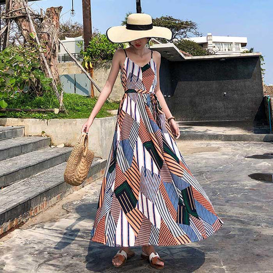 Pofulove Women V-neck Chiffon Dress Printed Sun-dresses Below The Knee Beach Vacation Beach Dress