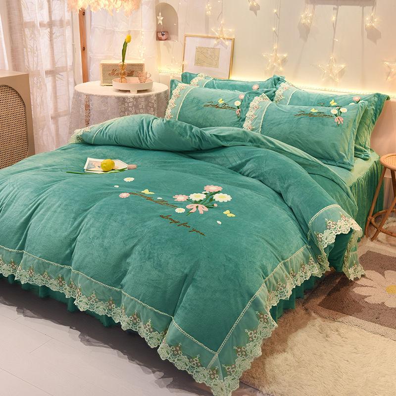 Thicken Plus Velvet Warm Coral Velvet Solid Color Fleece Bedding Princess Style High-grade Milk Velvet Four-piece Crystal Velvet