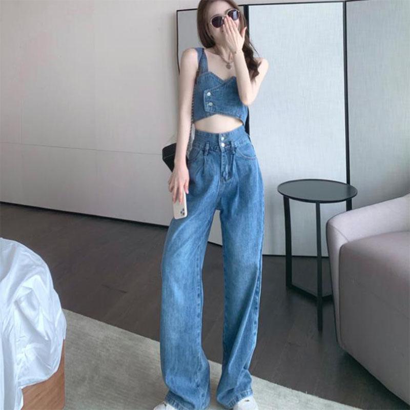 2PCS Denim Suit Women's Short Small Camisole Tube Top Top + Mopping Trousers High Street Two-piece Elegant Ladies Suit