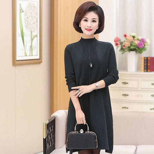 Autumn and Winter Aunt Loose Dress Mid-length Half-high Collar Casual Bottom Skirt Solid Color Middle-aged Women Sweater Skirt