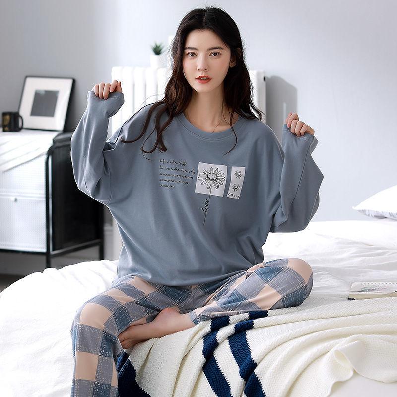 100% Double-sided Cotton Women's Pajamas Long-sleeved Outer Wearable Suit Korean Casual Winter Home Service Suit