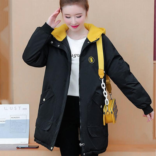 Women's Mid-length Down Jacket Winter Korean Loose Cotton Clothes Casual Hooded Padded Jacket Quilted Jacket