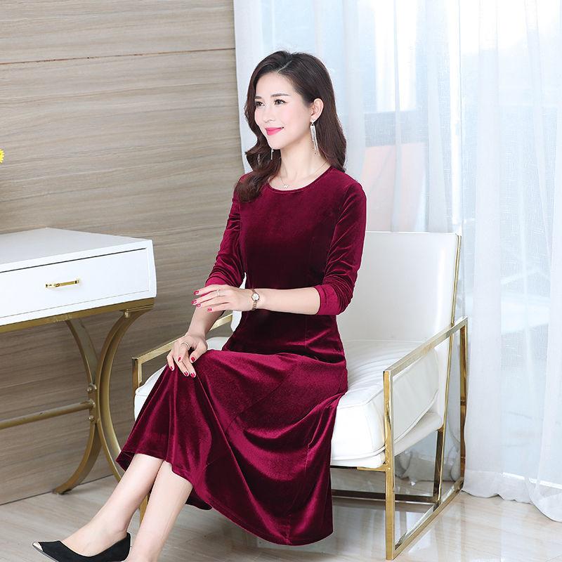 Dress Round Neck Gold Velvet Women's Mid-length Slim Fit Covering Belly Plus Size Mother Skirt Women's Clothing