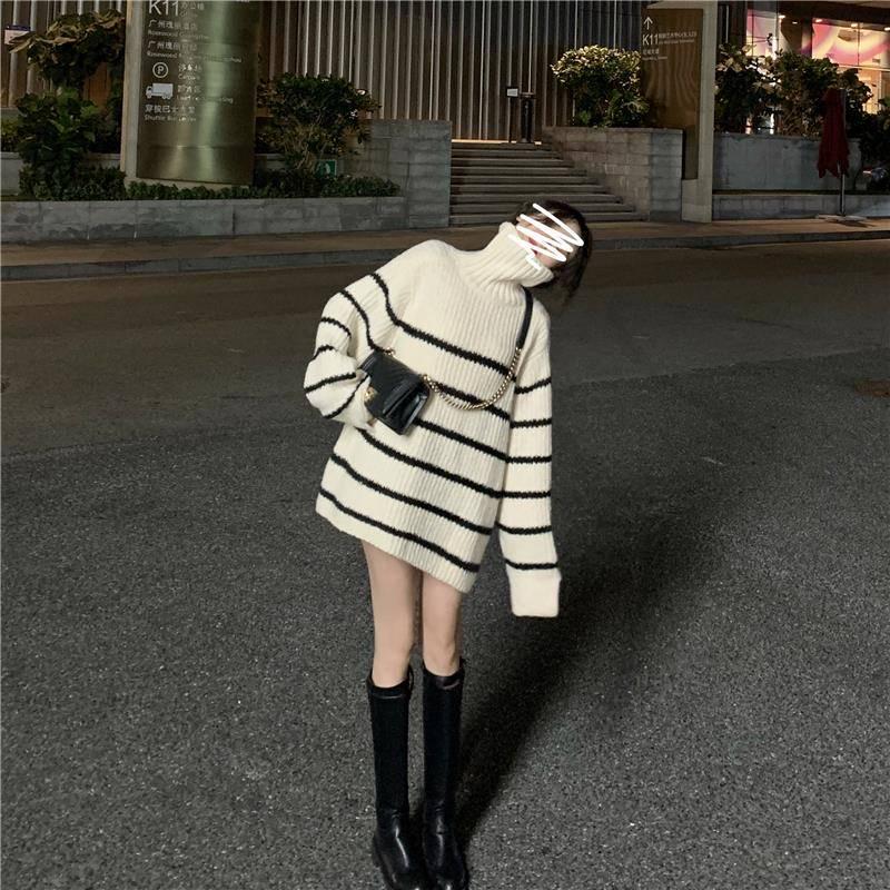 Pofulove Black or White Turtleneck Long Section Sweater Cool Oversize  Striped Loose Cuffs Pullover