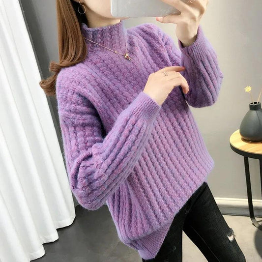 Sweater Women's Half Turtleneck Pullover Knitwear Korean Style Loose Fluffy Trending Sweater Autumn and Winter Purple Sweaters