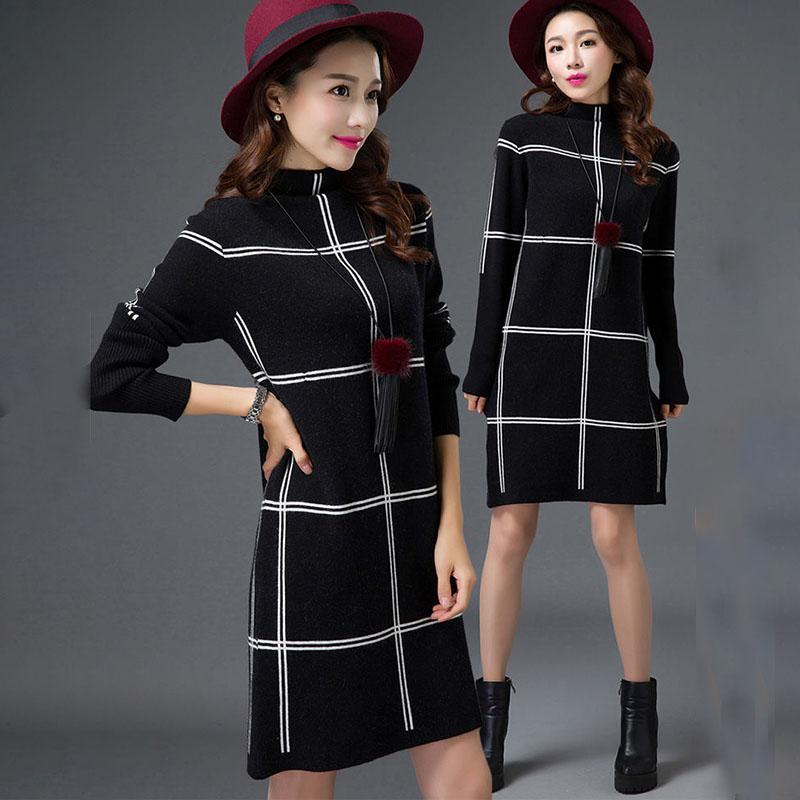 Autumn Winter Plaid Turtleneck Sweater Women Long Thick Pullover Sweater Dress All-match Bottoming Shirt Jumper Top