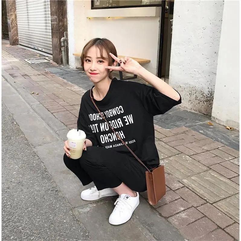 2PCS Summer Student Loose Letter Short Sleeve T-Shirt + Straight Ninth Pants Ladies Casual Sports Two-piece Suit Jogging Suits for Girl