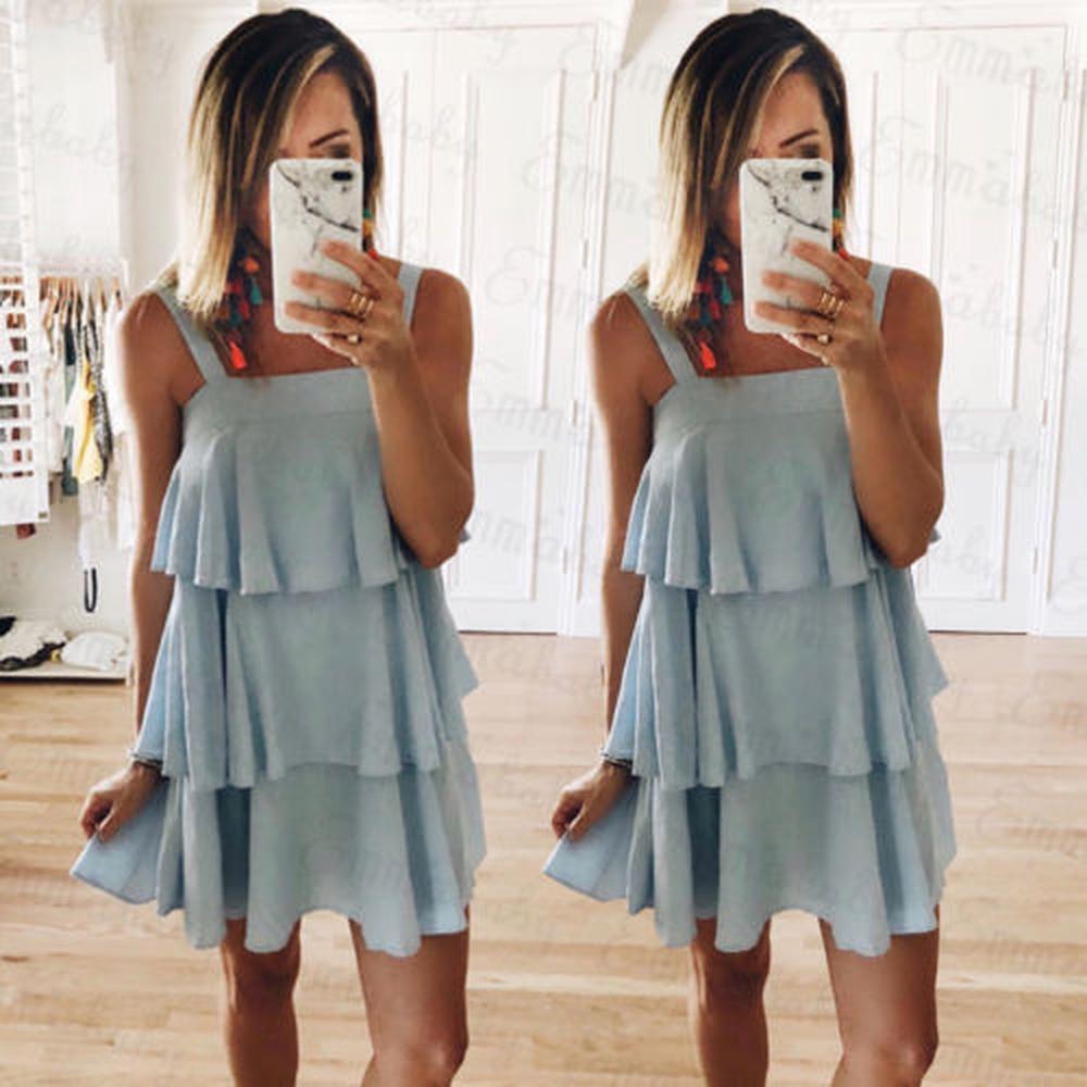 Sexy Woman Boho Sleeveless Dress Ruffles Party Evening Summer Beach Short Mini Dress New Fash