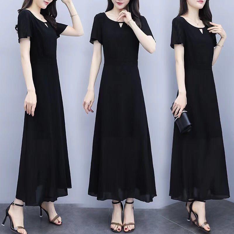 Plus Size Dress Women's Plus Size Long Skirts Cover Belly Reduce Age and Show Thinness Net Gauze Dress Round Neck Long Skirt A-line Version