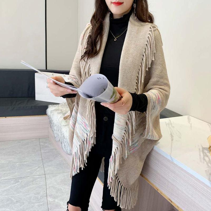 Cardigan Shawl Women's Loose-fitting Look Thin Temperament Knit Top Fringed Blouse Shawl Jacket Sweater Cardigan Fringed Wild Cloak