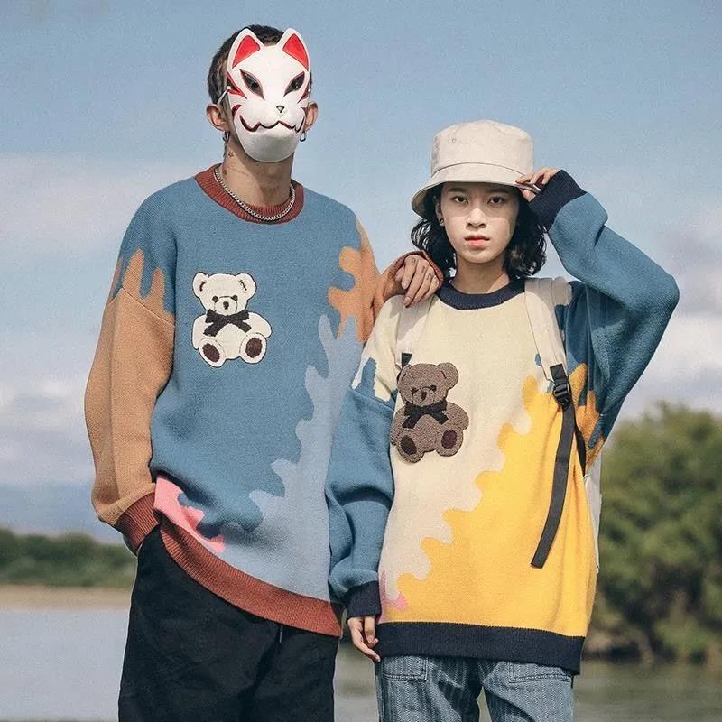 Autumn and Winter Bear Flocking Color Matching Round Neck Pullover Sweater Loose Casual Couple Sweater