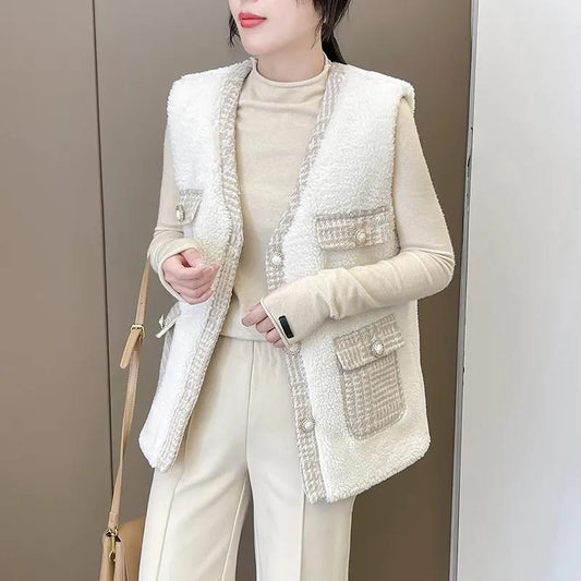 Lamb Wool Vest Women's Spring and Autumn Tweed Stitching Large Size Vest Fashion Jacket