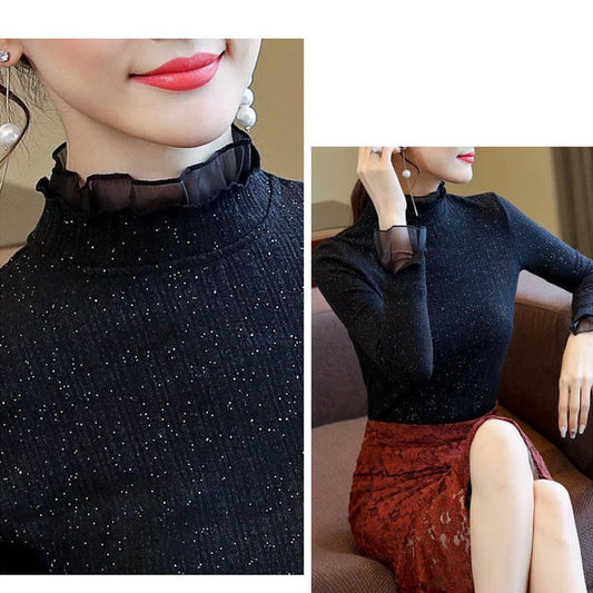 Autumn Winter Plus Velvet Turtleneck Pullover Long Sleeve Women Lace Collar Bottoming Shirt Tight Sexy Sweater Pullover