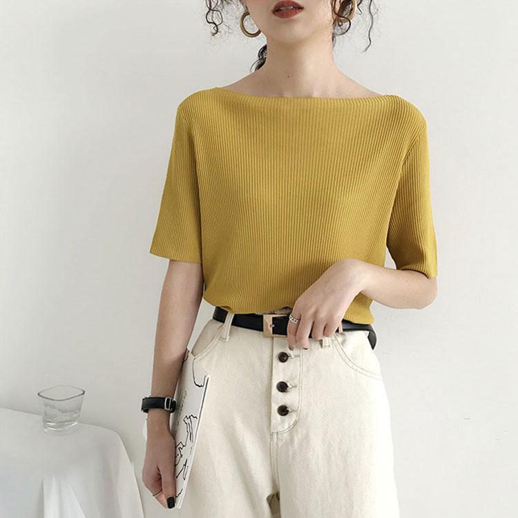 Women's Ice Silk Short-sleeved Summer One-word Collar Five point sleeve T-shirt Loose Middle-sleeved Korean Version All-match Bottoming Shirt Top