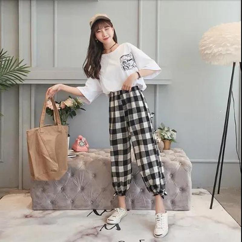 Suit Women's Round Neck Short-sleeved Shirt Loose Plaid Pants Suit Women Loose Summer Casual Women's Two-piece Suit