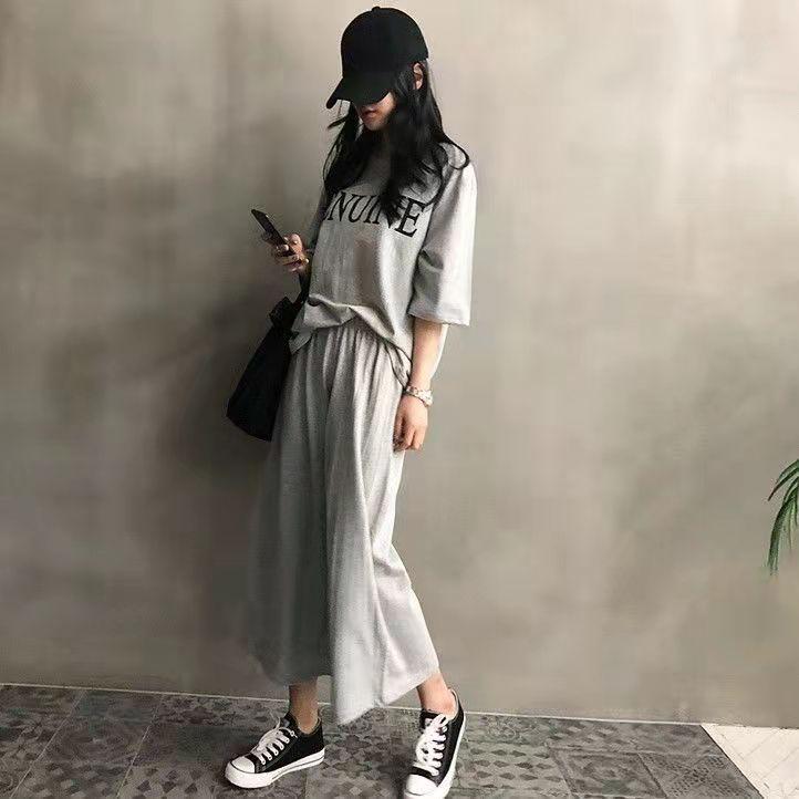 Plus Size Ladies Suit Letter Loose Short Sleeve T-Shirt Wide Leg Pants Two Piece Casual Sports Suit Athletic Girl Jogging Suits Track Suit