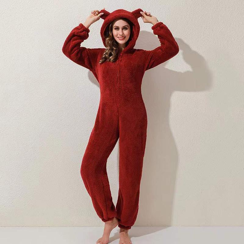 Women's Winter Cute Bear Ear Pajamas One Piece Plush Double Sided Fleece Home Wear Hooded Pajamas Loose Plus Size Pyjamas