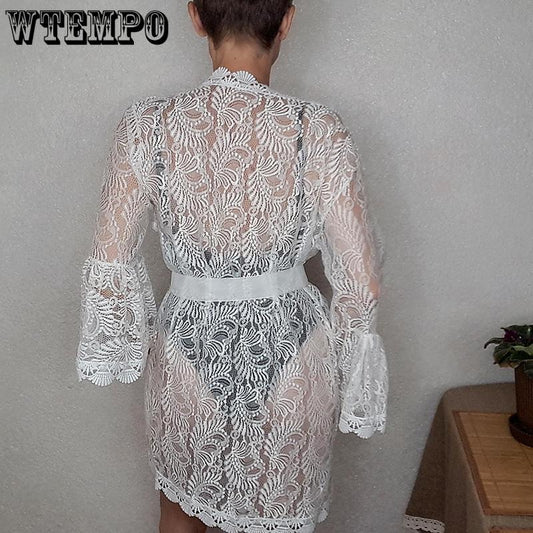 Women Summer Hollow Out Beach Coat Deep V-Neck Lace Dresses Bikini Blouse Sun Protection Clothing