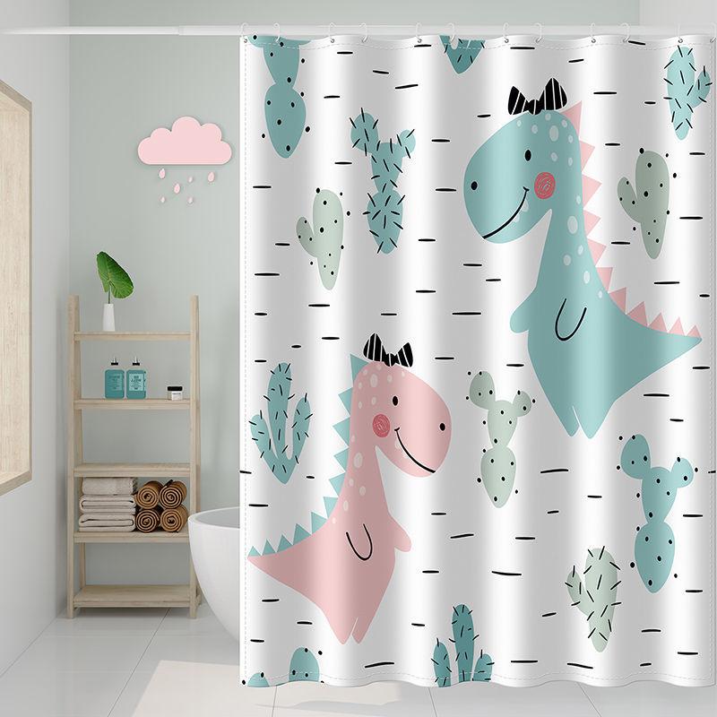 Japanese Cartoon Cute Bathroom Shower Curtain Waterproof Cloth 180*180cm Free Perforated Bathroom Shower Thickened Mold-proof Partition Curtain